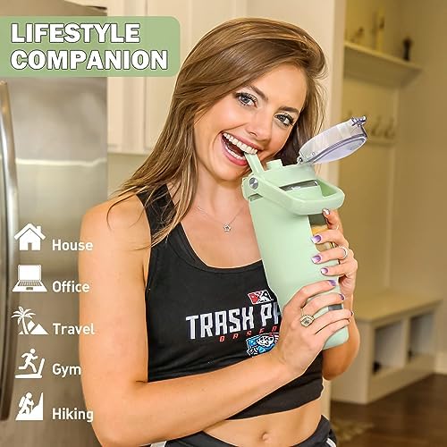 32oz Glass Water Bottle with Handle and Straw|Leakproof Sports Glass Bottle with Time Marker and Silicone Sleeve|Glass Drinking Bottle for Travel, Gym, Workout, Green
