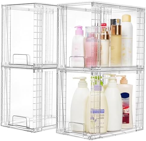 4 Pack Clear Stackable Storage Drawers,9.7" High Plastic Organizers Bins for Skincare, Bathroom Supplies,Ideal for Cabinet,Undersink,Vanity,Kitchen,Pantry Organization