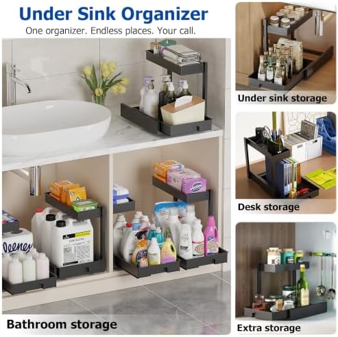 2 Pack Under Sink Organizer, L-Shaped 2 Tier Pull Out Cabinet Organizer