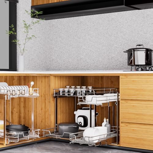 Pull Out Cabinet Organizer 11.5" W x 21" D, 2-Tier Kitchen Cabinet Pullout Shelf and Drawer Organizer Slide Out Pantry Storage Basket, 10.2" W x 21" D x 2.4" H for Bottom Basket Size