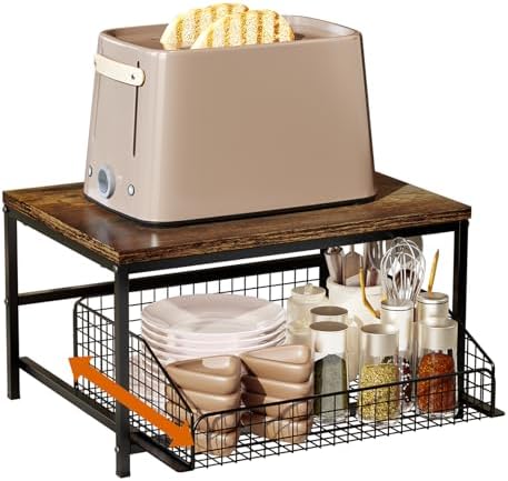 Pull Out Spice Rack Organizer for Cabinet,Rustic Wood Top with Wire Basket Storage,Kitchen Countertop Organizer and Storage for Pantry, Counter top,Coffee Station Wood. (Brown)