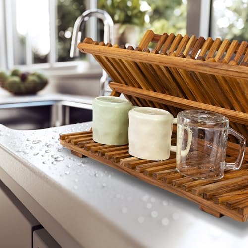 Large Teak Dish Drying Rack, Wood Collapsible Organizer for Plates