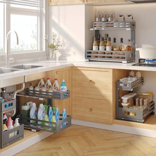 2-Pack Under Sink Organizers and Storage,2-Tier L Shape Pull Out Cabinet Organizer With Round Tube Slide Rails,Hight Adjustable Slide Out Drawers for Kitchen&Bathroom,Multi-Purpose Storage Shelf-Gray