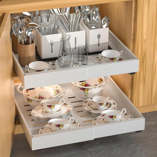 4 Pack Pull Out Cabinet Organizer Expandable, Adhesive with Nano Film, Pull Out Drawers for Cabinets in Kitchen, Pantry or Bathroom (White, 21“DEEPX[12"-20'']Width-4PACK)