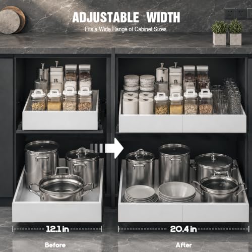 4 Pack Expandable Pull Out Cabinet Organizer 21"Deep With Raising Pad for Framed Cabinets,Upgrade 3 Slide Rails Slide Out Drawers,No Drill Roll Out Shelves,Adjustable Width 12.1"-20.4" White