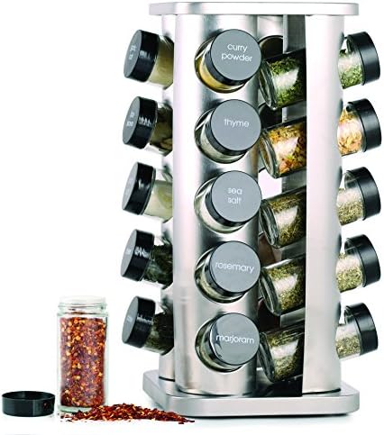 20 Jar Rotating Spice Rack with Spices Included & 5-Year Free Spice Refill Program – Stainless Steel Countertop Spice Rack with 3 oz Glass Jars