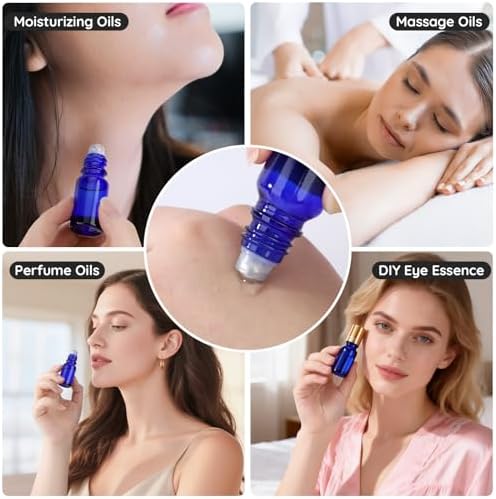 Segbeauty 0.34oz Thick Glass Perfume Roller Bottles for Essential Oils, 5pcs Blue Travel Roller Ball Applicator Refillable Empty Rollerball Bottles for Oil, 10ml Small Roll On Bottle for Eye Essence - Image 6