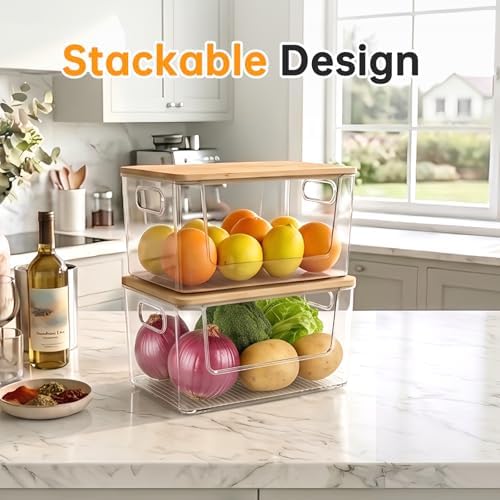 Trash Bag Holder 2 Pack, Stackable Garbage Bag Dispenser with Bamboo Lid, Large Capacity Under Sink Organizer for 13/30/33 Gallon Bags, Clear Storage Bins for Kitchen, Laundry Room