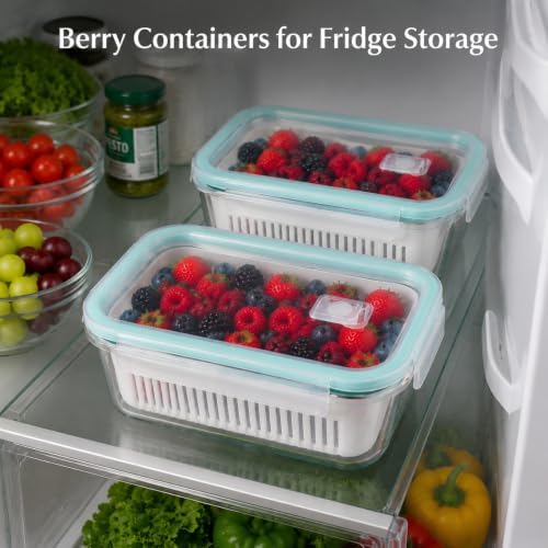 2 Pack 56oz Glass Berry Container for Fridge,with Removable Colander and Vent Valve,Fresh Fruit and Vegetable Storage Set