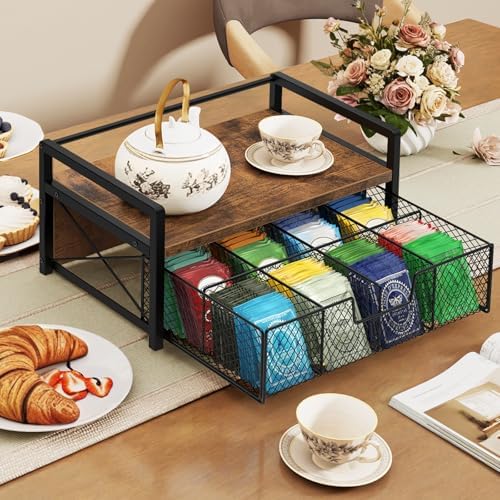 Tea Bag Organizer with Drawer, Tea Caddy for Countertop, Rustic