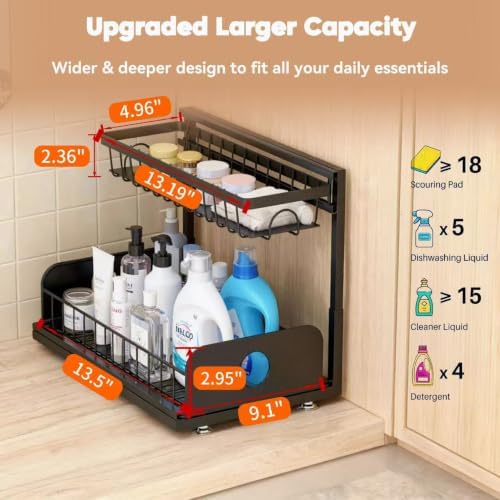 Under Sink Organizer, 2 Pack Under Kitchen Cabinet Organizer, Height Adjustable Pull Out Mute Slide-Out 2 Tier Metal Under Sink Storage for Bathroom, Pantry, Kitchen & Bedroom (Black, 2 Pack)