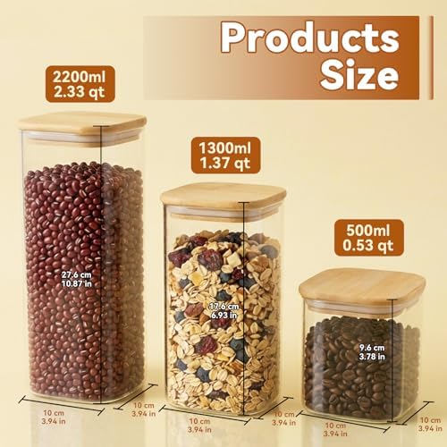 3PCSGlass Storage Containers with Lids, Airtight Pantry Storage Containers Glass Jars Kitchen Canisters, Flour Sugar Coffee Food Storage Dishwasher Safe(0.53Qt*1/1.37Qt*1/2.33Qt*1)