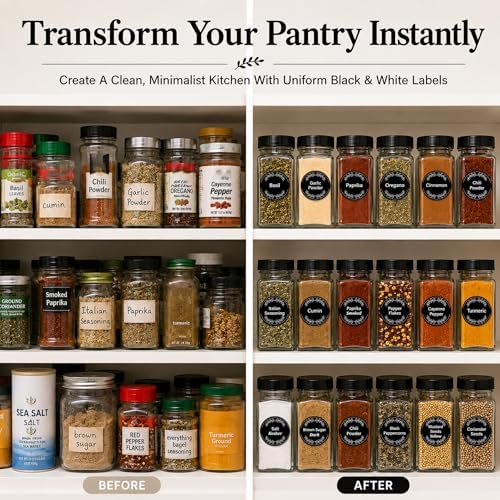 665 Spice Labels Book with A-Z Index, Black Round Pantry Stickers