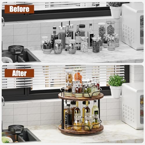 12" Wood Lazy Susan, 2 Tier-Rotating Spice Rack, Rustic Brown