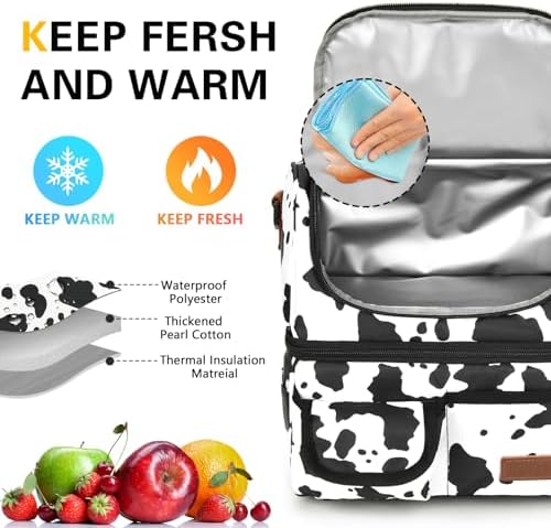 Lunch Box for Women-Double Deck Insulated Adults Lunch Bag with Removable Shoulder Strap-Cow Print Cute Wide Open Lunch Tote for Work/Office/Picnic/Beach/Travel