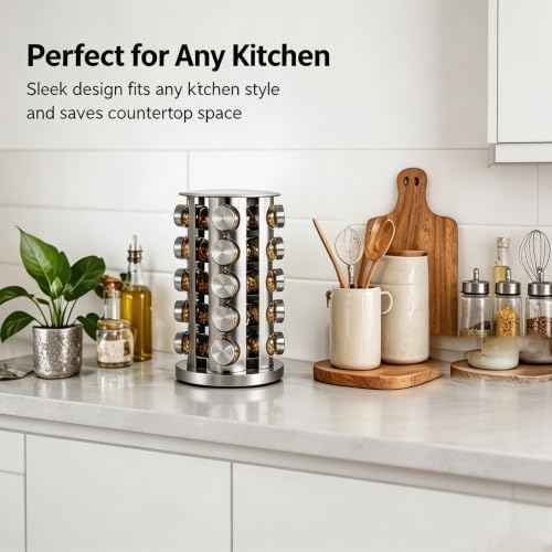 Revolving Spice Rack with 20 Jars,Spice Rack Organizer With labels funnel