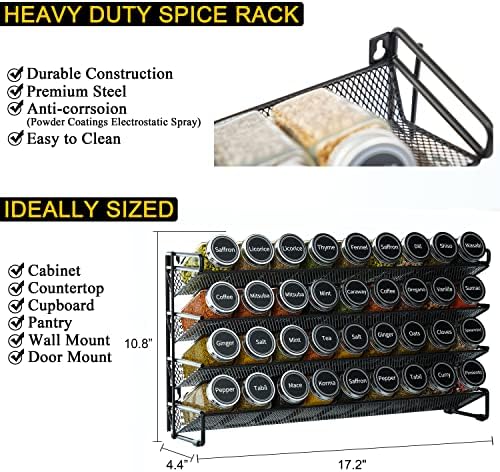 Spice Rack Organizer with 36 Spice Jars, 386 Spice Labels, Chalk Marker and Funnel Set for Cabinet, Countertop, Pantry, Cupboard or Door & Wall Mount - 36 Jars, 17.2" W × 10.8" H, Black
