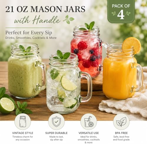 Mason Jar 21 oz with Handle – Set of 4 Clear Glass Drinking Mugs for Iced Beverages, Smoothies, Cocktails | Vintage Style for Home, Bar, and Events
