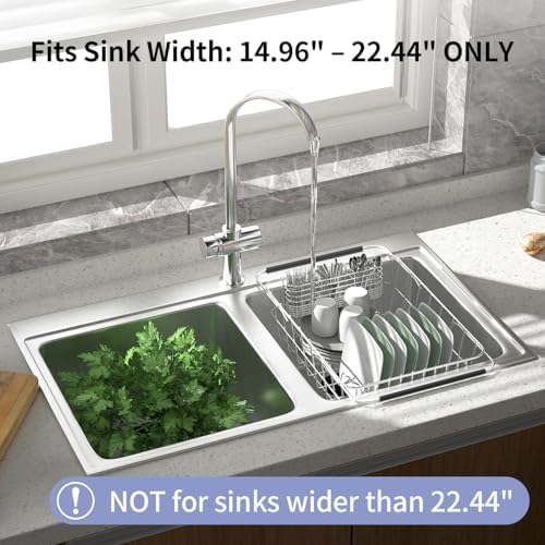Over Sink Dish Drying Rack, Expandable 14.96"–22.44" Adjustable Dish Rack for Kitchen Sink, 304 Stainless Steel Dish Drainer with Utensil Holder, Space Saving for Most Standard Kitchen Sinks