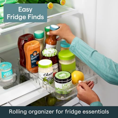 RollOut Fridge Caddy BPA-Free Clear Rolling Refrigerator Organizer Bin with Adjustable Dividers and Handles, 9" Wide