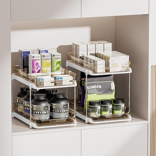 2-Tier Multi-Purpose Bathroom Under Sink Organizers and Storage, Stackable Kitchen Pantry Organization, Pull Out Medicine Cabinet Organizer with Movable Dividers, Amber, 2 Pack