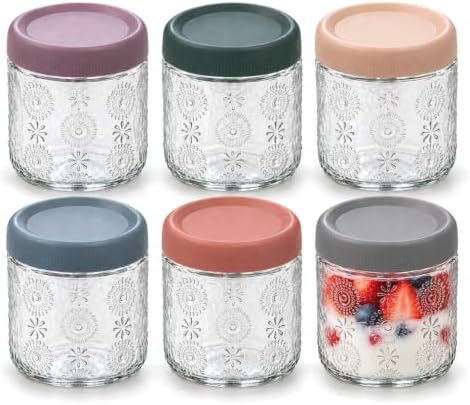 SunBloom 6 Pack 16 oz Sunflower Glass Overnight Oats Jars with Lids, Embossed Floral Food Storage Containers for Yogurt, Oatmeal, Salad, Coffee and Spices