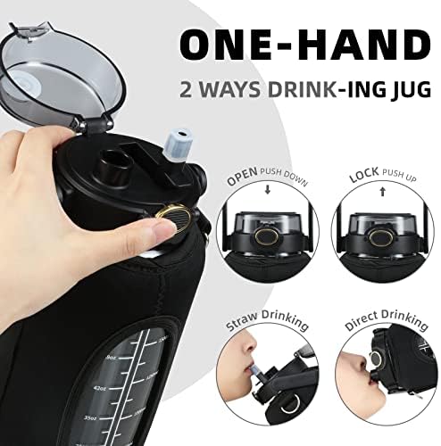 Half Gallon 64oz Glass Water Bottle with Straw and Storage Sleeve Motivational Water Bottle with Strap and Time to Drink 2L Leakproof Reusable Water Jug for Fitness Gym and Outdoors