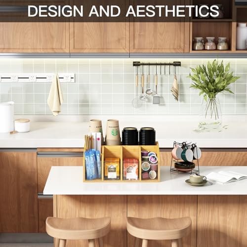 Coffee Station Organizer Condiment Organizer for Countertop Farmhouse Coffee Caddy with Removable Dividers Small Cute Office Bar Accessories for Tea Bags, Pods, Syrup, Cups, and Stirrer