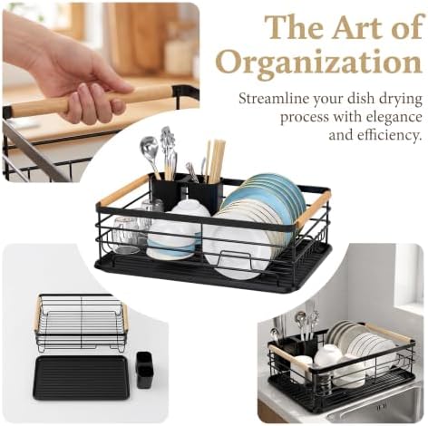 Dish Racks for Kitchen Counter, Thickened Metal Dish Drying Rack with Wooden Handles, Kitchen Countertop Organizer for Dishes, Spoons and Forks, No Assembly, Black, 16.7''*12.6''*5.12''