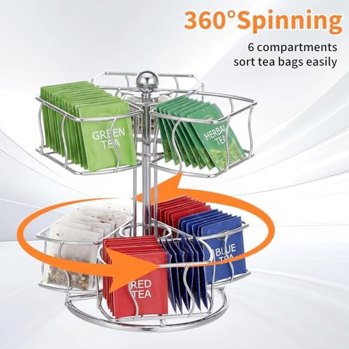 Tea Bag Organizer, 360 Degree 2 Tier Tea Bag Spining Carousel Organizer with 6 Compartments for Countertop Kitchen Cabinet, Holds Up to 60 Bags