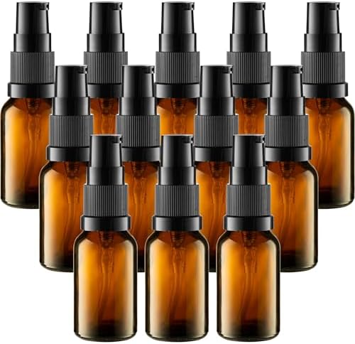 VitalUp Amber Glass Pump Bottles (12-Pack) 15ml - Glass, Refillable, Lotion by Vitalup