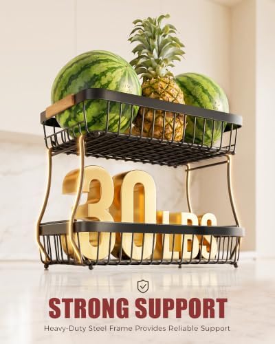 2-Tier Fruit Basket with Banana Hangers, Detachable Metal Bowl