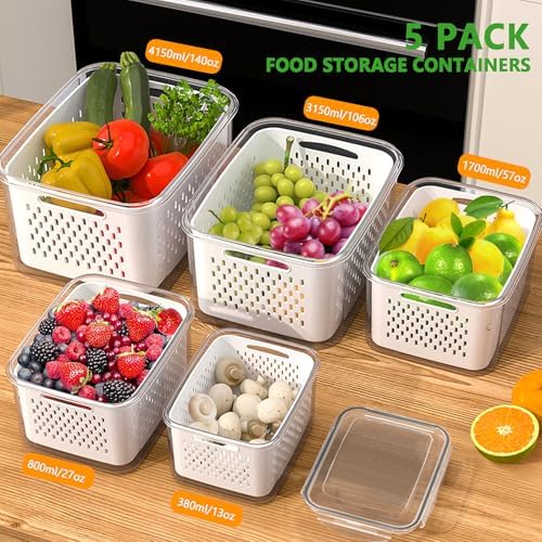 5 PCS Fruit Storage Containers for Fridge, Leakproof Food Storage Containers with Removable Colander, Dishwasher & Microwave Safe, Produce Saver Container Keep Berry Fruit Vegetable Fresh Longer