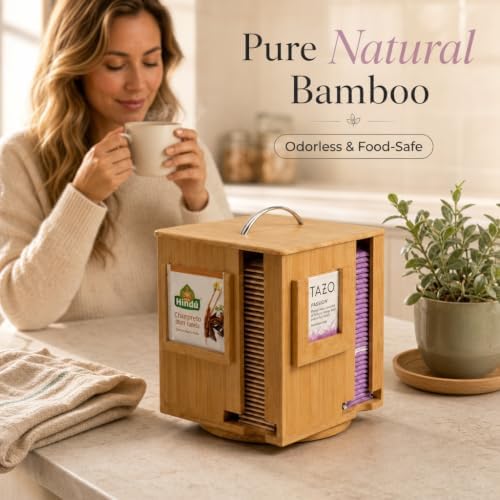 Bamboo Tea Bag Organizer & Holder, 240+ Capacity, 4 Slots, No Assembly