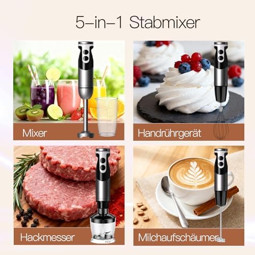 Blender Handheld 12-Speed Stainless Steel Electric Hand Blender, 5 in 1 Immersion Handheld Blender，Titanium Blades Hand Blender, Milk Frother Wand,with 600ml Whisk Beaker and Chopper (black)