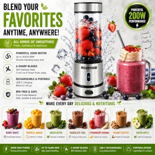 Portable Smoothie blender ROSEVIEW Glass bottle USB rechargeable mini Handheld Ice Shakes Cup 2 blend juicer Cordless Personal smoothies maker Fruit mixer (Steel) (MetallicSteel) - Image 6