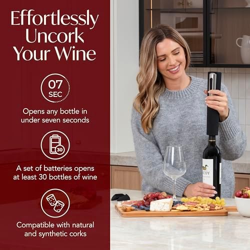 Electric Wine Opener Battery Operated with Stand and Built-in Foil Cutter - Automatic Wine Opener - Electric Corkscrew for Easy Cork Removal - Best Gift for Wine Lover (Black & Silver)
