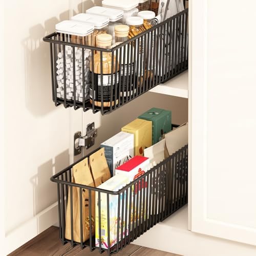 Pull Out Cabinet Organizers 2 Pack, Black Metal Storage Basket