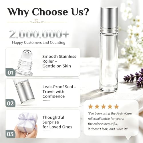 PrettyCare Set of 12, 10 ml Essential Oil Roller Bottles with Stainless Steel Roller Ball - Refillable Leak-proof Empty Thick Clear Glass Roll on Bottles with Silver Metal Caps for Travel, Perfume - Image 3