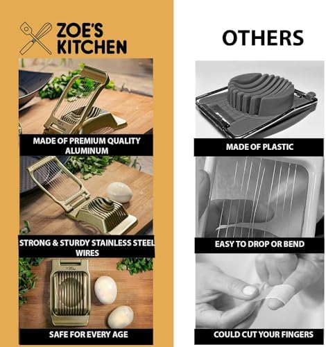Zoe's Kitchen Good Grip Egg Slicer for Hard Boiled Eggs Heavy Duty Professional Large Aluminum Egg Slicer with Stainless Steel Wires Kitchen Aid Egg, Strawberry Slicer Hard Boiled Egg Cutter (Golden) - Image 5