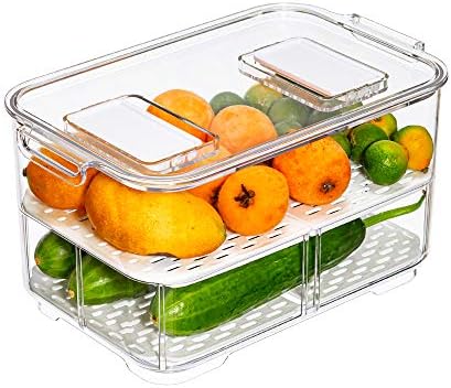 11'' Large Food Storage Containers, Fridge Produce Saver 2 Tier Stackable Refrigerator Organizer with Lids and Removable Drain Tray Drawers Bins Baskets for Kitchen