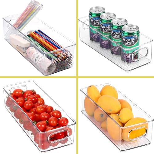 Set of 6 Refrigerator Pantry Organizer Bins - Stackable Fridge Organizers with Handles for Pantry, Freezer, Kitchen, Countertops, Cabinets - Clear Plastic Food Storage Bins