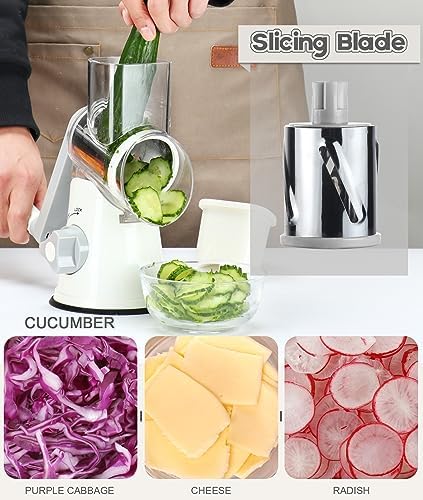 Rotary Cheese Grater Hand Crank, Kitchen Shredder Speed Mandolin Slicer Nuts Grinder with Handle and Drum Blades for Cheese, Vegetable, Walnuts, Chocolate, Potato, Carrot, 3 Blades, White