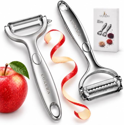 LUXERA Vegetable Peeler Set, 2 Pack Stainless Steel Peelers, Fine Serrated Peeler & 2-in-1 Reversible Julienne Peeler for Potato, Carrot, Apple & More.