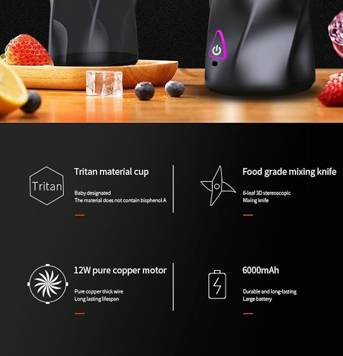 Portable Blender 700ml (24oz),USB Rechargeable Personal,360W High-Power Motor, 6000mAh Long-Lasting Battery, Self Cleaning & BPA Free & Leakproof-Lid for Travel, Home, Office, Camping (Black)