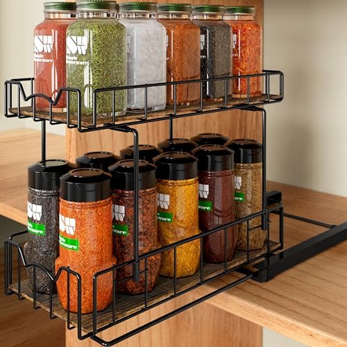 2-Tier Spice Rack Slide Out Wire Basket Drawer, Black
