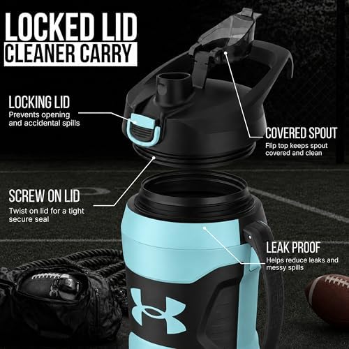 Under Armour Insulated Water Bottle with Handle & Fence Hook, Half Gallon Sports Water Jug, Leak-Resistant & BPA-Free for Baseball, Football & Gym - Breeze Blue/Black, 64oz