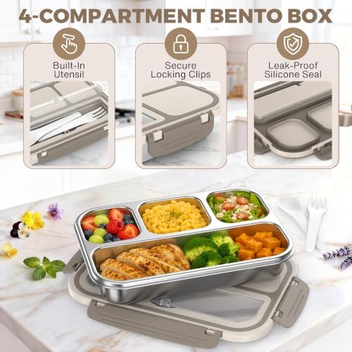 Stainless Steel Bento Box Adult, Leakproof Metal Lunch Box Containers 4 Compartments, 32 Oz Reusable Food Storage Containers for Office and Work, Brown
