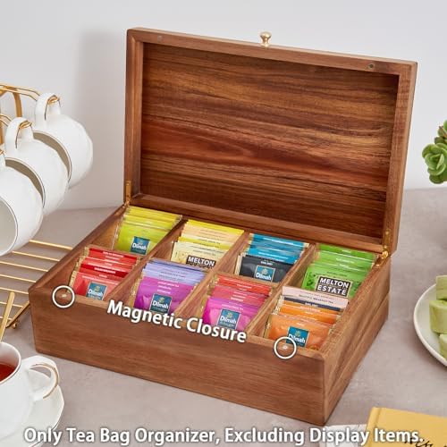 Acacia Wood Tea Bag Organizers, Tea Packet Storage Boxes, 8-Compartment Tea Caddy for Tea Bags Chest, Teabag Holder Containers, Teabox Station Display