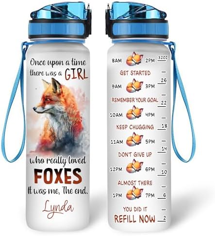 Personalized Fox Lovers 32 Oz 1Liter Motivational Water Bottle, Once Upon A Time Girl Love Foxes Custom Name Water Bottle With Time Marker, Gifts For Women Girl On Birthday, Mother Day's